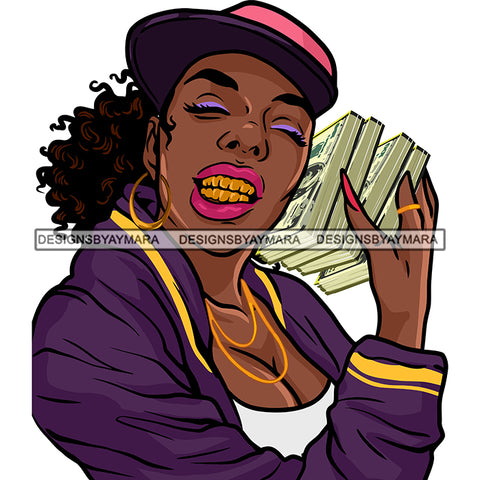 Gangsta Gangster Woman Holding Stack Of Money Gold Teeth Chain Baseball Cap Badass Hustler Hustling Savage Melanin Nubian Hipster Ghetto Street Girl SVG JPG PNG Vector Clipart Cricut Silhouette Cut Cutting