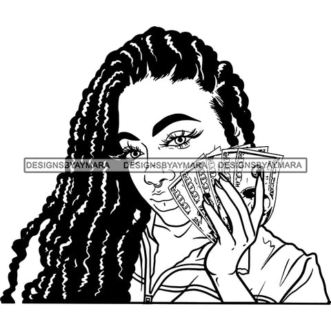 Sexy Gangster Diva Gangsta Woman Holding Money Spread Dreadlock Hairstyle Badass Hustler Hustling Savage Melanin Nubian Hipster Ghetto Street Girl SVG JPG PNG Vector Clipart Cricut Silhouette Cut Cutting