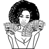 Sexy Gangster Diva Gangsta Woman Holding Money Spread Afro Hairstyle Badass Hustler Hustling Savage Melanin Nubian Hipster Ghetto Street Girl SVG JPG PNG Vector Clipart Cricut Silhouette Cut Cutting