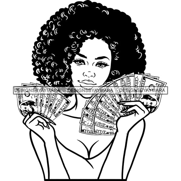 Sexy Gangster Diva Gangsta Woman Holding Money Spread Afro Hairstyle Badass Hustler Hustling Savage Melanin Nubian Hipster Ghetto Street Girl SVG JPG PNG Vector Clipart Cricut Silhouette Cut Cutting