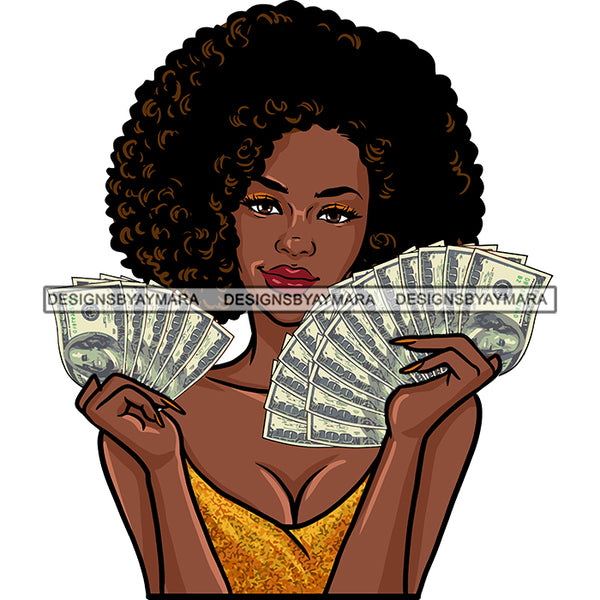 Sexy Gangster Diva Gangsta Woman Holding Money Spread Afro Hairstyle Badass Hustler Hustling Savage Melanin Nubian Hipster Ghetto Street Girl SVG JPG PNG Vector Clipart Cricut Silhouette Cut Cutting