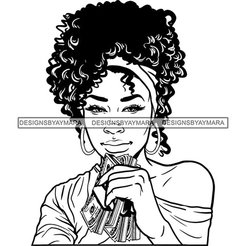 Sexy Gangster Diva Gangsta Woman Holding Money Spread Afro Bun Badass Hustler Hustling Savage Melanin Nubian Hipster Ghetto Street Girl SVG JPG PNG Vector Clipart Cricut Silhouette Cut Cutting