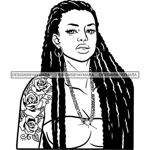 Sexy Diva Tattoo Arm Sleeve Gold Chain Dreadlocks Hairstyle Badass Hustler Hustling Savage Melanin Nubian Hipster Ghetto Street Girl SVG JPG PNG Vector Clipart Cricut Silhouette Cut Cutting