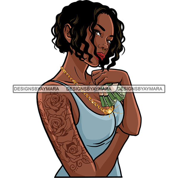 Sexy Gangster Diva Gangsta Woman Holding Money Stack Short Hair Badass Hustler Hustling Savage Melanin Nubian Hipster Ghetto Street Girl SVG JPG PNG Vector Clipart Cricut Silhouette Cut Cutting