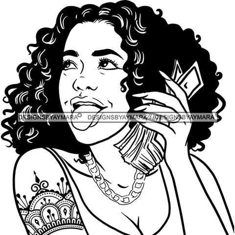 Gangsta Gangster Woman Holding Stack Of Money Tattoo Sleeve Tongue Out Badass Hustler Hustling Savage Melanin Nubian Hipster Ghetto Street Girl SVG JPG PNG Vector Clipart Cricut Silhouette Cut Cutting