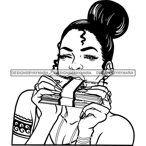 Gangsta Gangster Woman Money Stack Tattoo Hustler Hustling Savage Melanin Nubian Hipster Ghetto Street Girl SVG JPG PNG Vector Clipart Cricut Silhouette Cut Cutting