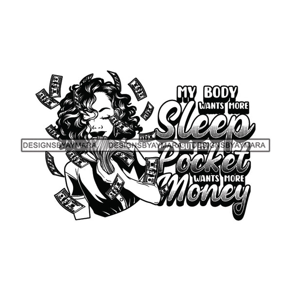Sassy Afro Woman Hustle Money Quote Business Woman Wavy Hairstyle B/W SVG JPG PNG Vector Clipart Cricut Silhouette Cut Cutting