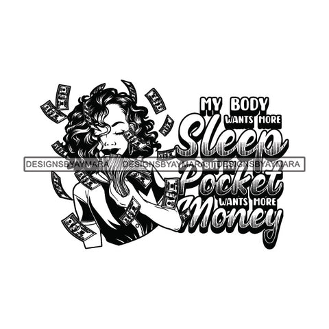 Sassy Afro Woman Hustle Money Quote Business Woman Wavy Hairstyle B/W SVG JPG PNG Vector Clipart Cricut Silhouette Cut Cutting
