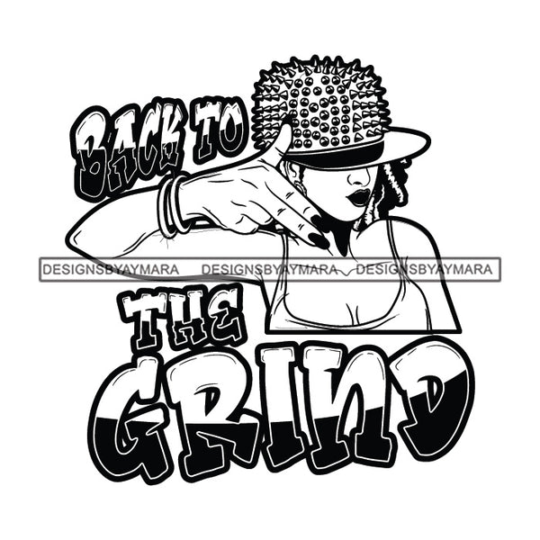 Sassy Afro Woman Hustle Money Quote Gangsta Woman Stud Spike Hat Style B/W SVG JPG PNG Vector Clipart Cricut Silhouette Cut Cutting