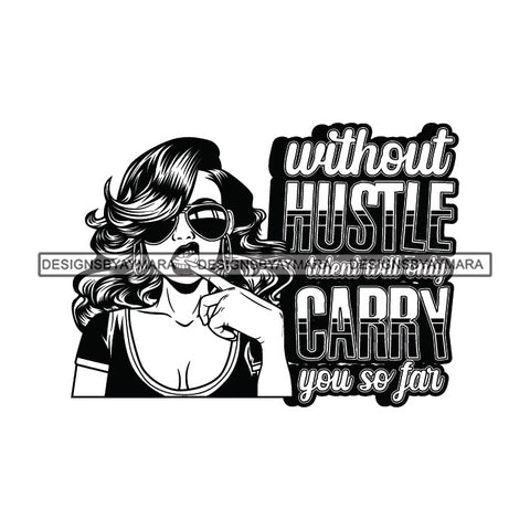 Sassy Afro Woman Hustle Money Quote Finances Sunglasses Long Wavy Hairstyle B/W SVG JPG PNG Vector Clipart Cricut Silhouette Cut Cutting