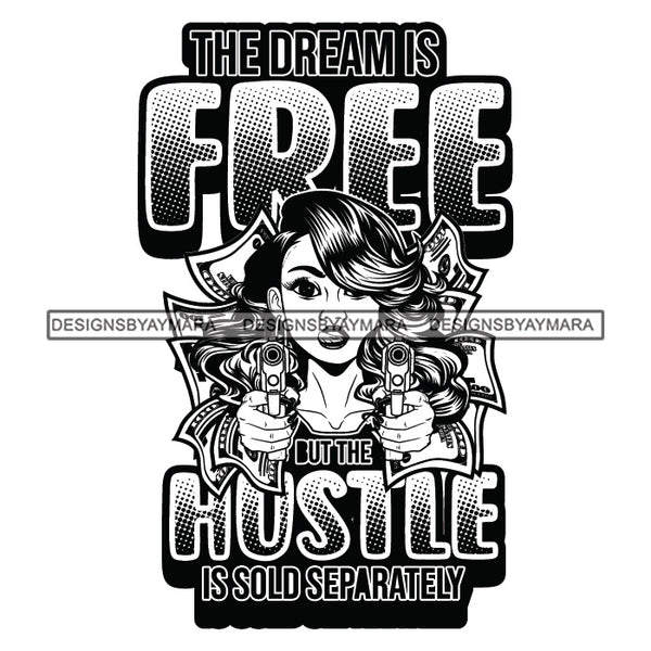 Sassy Afro Woman Hustle Money Quote Holding Guns Long Wavy Hairstyle B/W SVG JPG PNG Vector Clipart Cricut Silhouette Cut Cutting