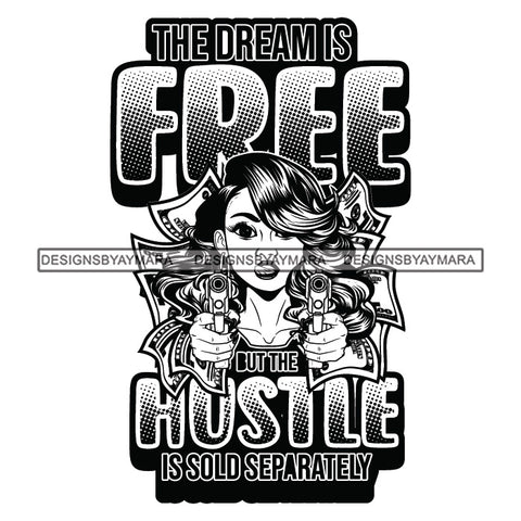 Sassy Afro Woman Hustle Money Quote Holding Guns Long Wavy Hairstyle B/W SVG JPG PNG Vector Clipart Cricut Silhouette Cut Cutting