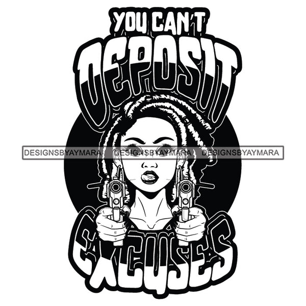 Sassy Afro Woman Hustle Money Quote Holding Guns Dreadlocks Hairstyle B/W SVG JPG PNG Vector Clipart Cricut Silhouette Cut Cutting