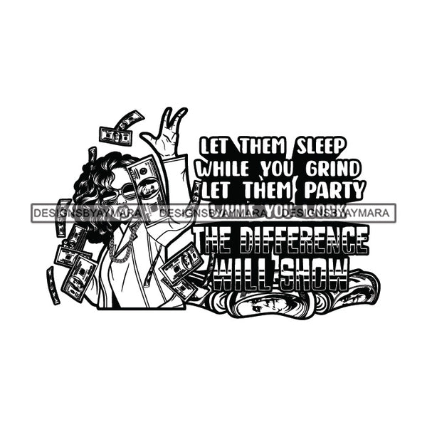 Sassy Afro Woman Hustle Money Quote Tossing Dollars Sunglasses Wavy Hairstyle B/W SVG JPG PNG Vector Clipart Cricut Silhouette Cut Cutting