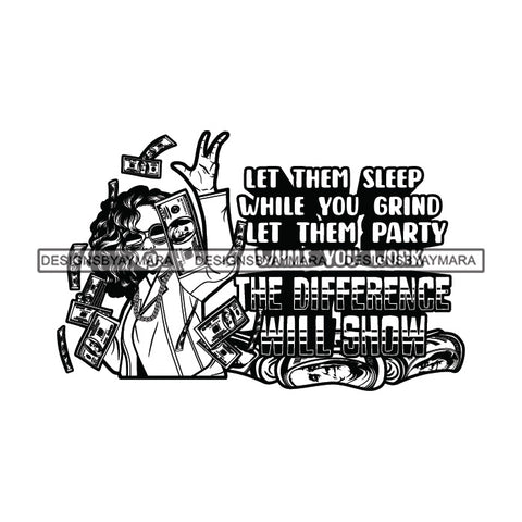 Sassy Afro Woman Hustle Money Quote Tossing Dollars Sunglasses Wavy Hairstyle B/W SVG JPG PNG Vector Clipart Cricut Silhouette Cut Cutting