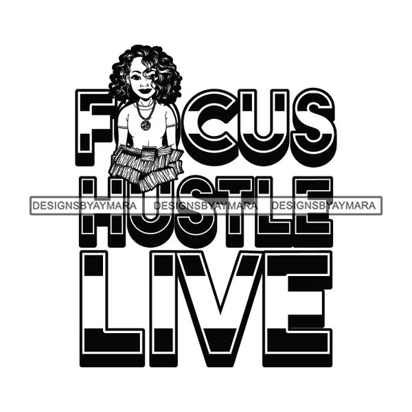 Sassy Afro Woman Hustle Money Quote Money Necklace Wavy Hairstyle B/W SVG JPG PNG Vector Clipart Cricut Silhouette Cut Cutting