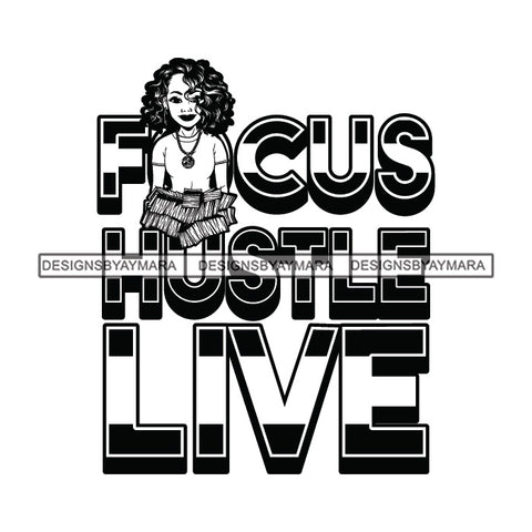 Sassy Afro Woman Hustle Money Quote Money Necklace Wavy Hairstyle B/W SVG JPG PNG Vector Clipart Cricut Silhouette Cut Cutting