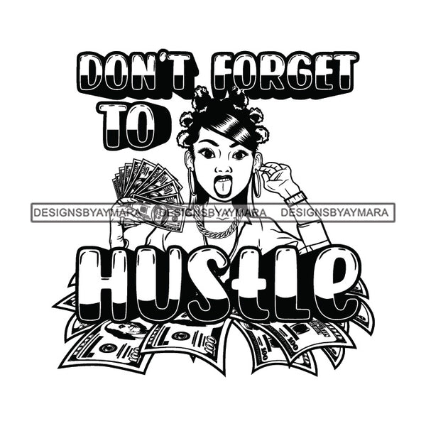 Sassy Afro Woman Hustle Money Quote Holding Dollars Bantu Knots Hairstyle B/W SVG JPG PNG Vector Clipart Cricut Silhouette Cut Cutting