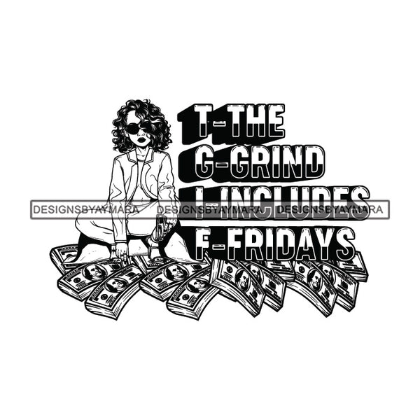 Sassy Afro Woman Hustle Money Quote Business Sunglasses Wavy Hairstyle B/W SVG JPG PNG Vector Clipart Cricut Silhouette Cut Cutting