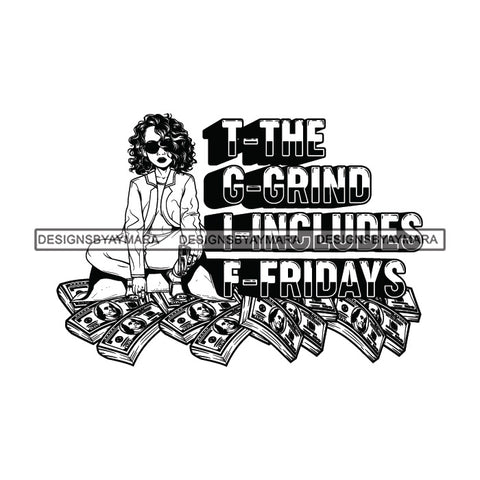 Sassy Afro Woman Hustle Money Quote Business Sunglasses Wavy Hairstyle B/W SVG JPG PNG Vector Clipart Cricut Silhouette Cut Cutting