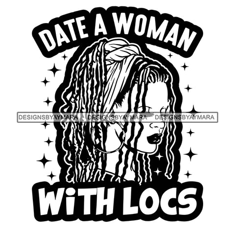 Pretty Afro Woman Jamaican Pride Love Locs Hairstyle Banner Illustration B/W SVG JPG PNG Vector Clipart Cricut Silhouette Cut Cutting