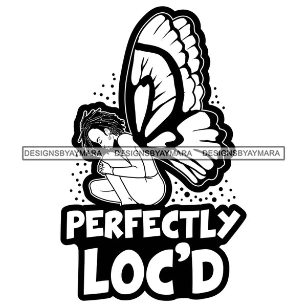 Pretty Afro Woman Butterfly Wings Love Locs Hairstyle Banner Illustration B/W SVG JPG PNG Vector Clipart Cricut Silhouette Cut Cutting