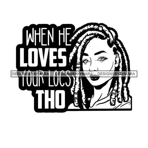 Pretty Afro Woman Unique Proud Love Locs Hairstyle Banner Illustration B/W SVG JPG PNG Vector Clipart Cricut Silhouette Cut Cutting