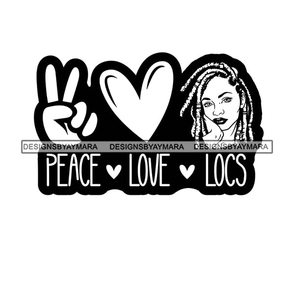Pretty Afro Woman Peace Sign Love Locs Dreadlocks Hairstyle Banner Illustration B/W SVG JPG PNG Vector Clipart Cricut Silhouette Cut Cutting