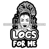 Pretty Afro Woman Bamboo Hoop Earrings Love Locs Hairstyle Banner Illustration B/W SVG JPG PNG Vector Clipart Cricut Silhouette Cut Cutting