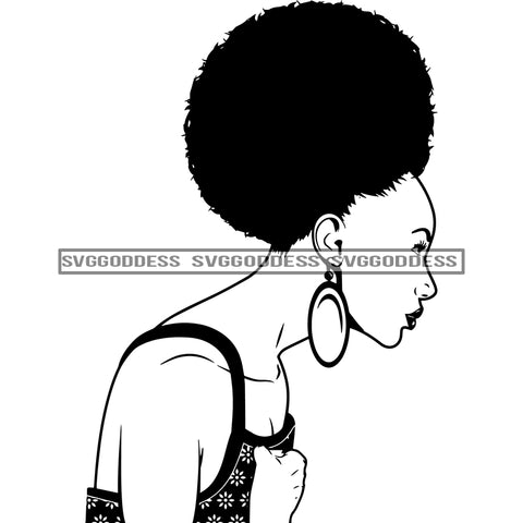 Afro Beautiful Melanin Woman Profile Elegant Hoop Earrings Puffy Afro Hairstyle B/W SVG JPG PNG Vector Clipart Cricut Silhouette Cut Cutting