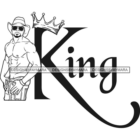 Sexy Black Man King Crown Shirtless Sunglasses Cowboy Hat Style B/W SVG JPG PNG Vector Clipart Cricut Silhouette Cut Cutting