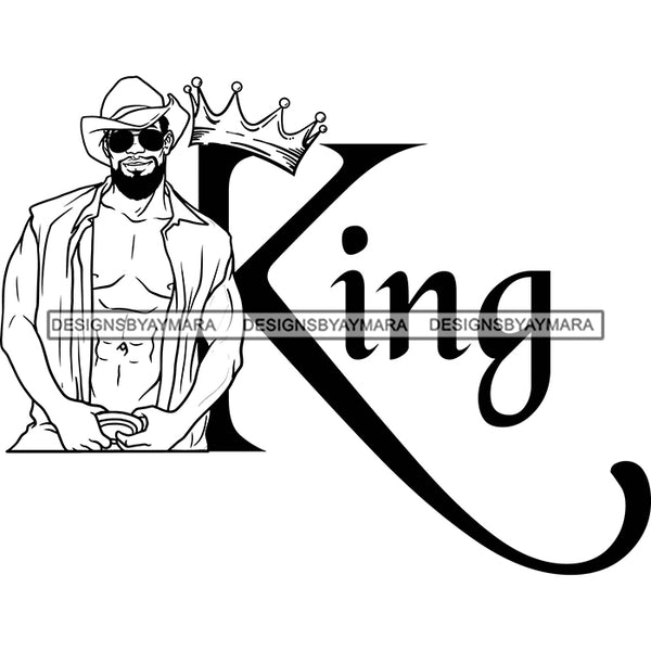 Sexy Black Man King Crown Fashion Model Open Shirt Sunglasses Cowboy Hat Style B/W SVG JPG PNG Vector Clipart Cricut Silhouette Cut Cutting