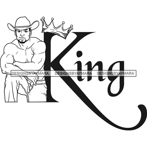 Sexy Black Man King Crown Smiling Shirtless Cowboy Hat Style B/W SVG JPG PNG Vector Clipart Cricut Silhouette Cut Cutting