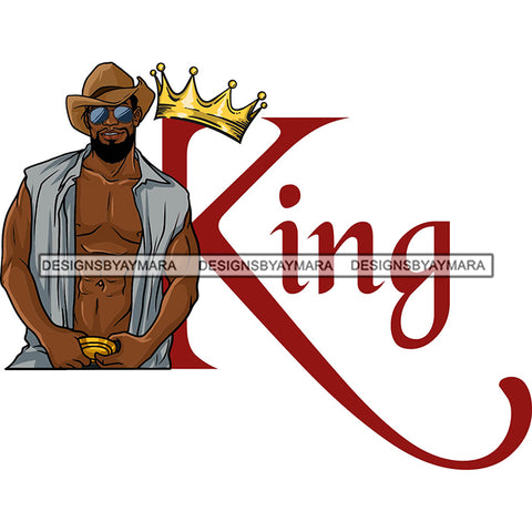 Sexy Black Man King Crown Fashion Model Open Shirt Sunglasses Cowboy Hat Style SVG JPG PNG Vector Clipart Cricut Silhouette Cut Cutting