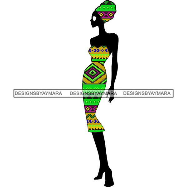 Black Silhouette Of  Woman Wearing Green And Yellow  African Print And Headwrap  JPG PNG  Clipart Cricut Silhouette Cut Cutting