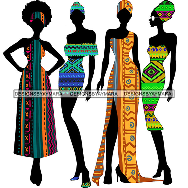 Black Silhouette Of 4  Woman Wearing African Print And Afro Turban Headwrap  JPG PNG  Clipart Cricut Silhouette Cut Cutting