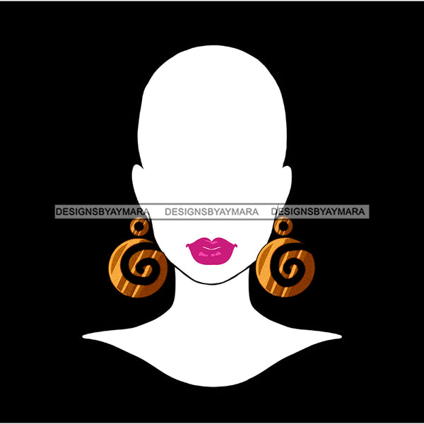 Black  And White Silhouette Bald Woman Pink Lips Gold Swirl Earrings   JPG PNG  Clipart Cricut Silhouette Cut Cutting