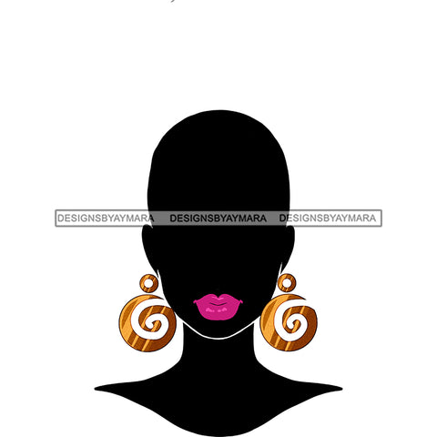 Black Silhouette Bald Woman Pink Lips Gold Round Earrings   JPG PNG  Clipart Cricut Silhouette Cut Cutting