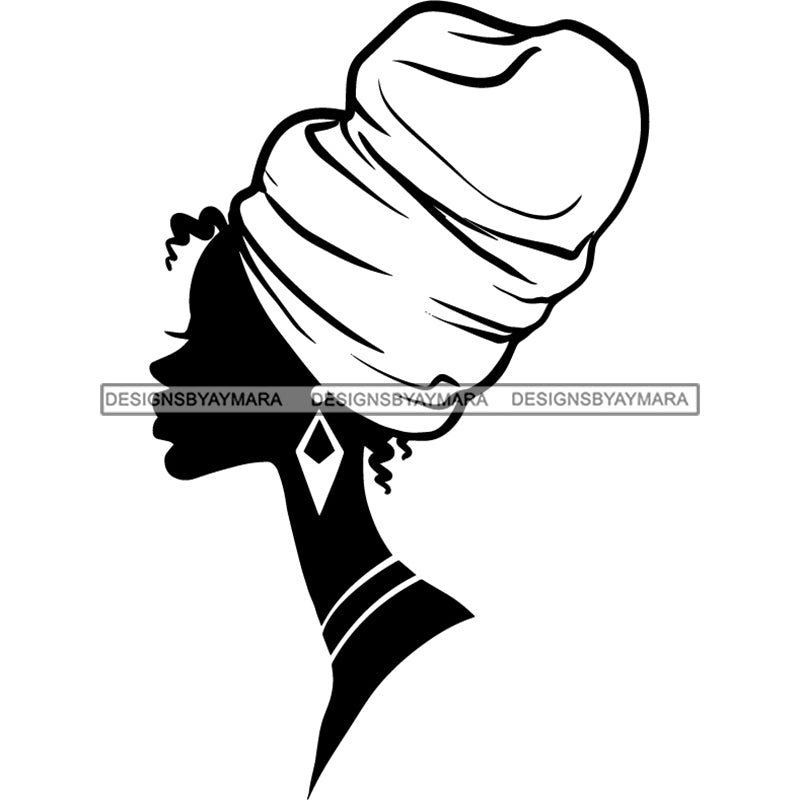 Afro Woman Black Silhouette Side View Nubian Ebony Turban B/W SVG JPG ...