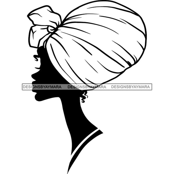 Afro Woman Black Silhouette Side View Nubian Ebony Turban B/W SVG JPG PNG Vector Clipart Cricut Silhouette Cut Cutting