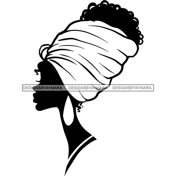 Afro Woman Black Silhouette Side View Nubian Ebony Turban B/W SVG JPG PNG Vector Clipart Cricut Silhouette Cut Cutting