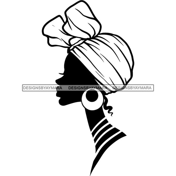 Afro Woman Black Silhouette Side View Nubian Ebony Turban B/W SVG JPG PNG Vector Clipart Cricut Silhouette Cut Cutting