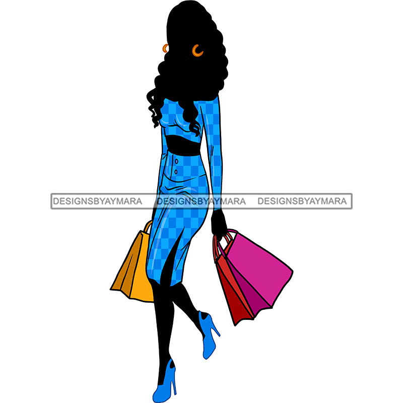 Black Silhouette Woman Shopping Blue Print Dress Long Hair JPG PNG Cli ...