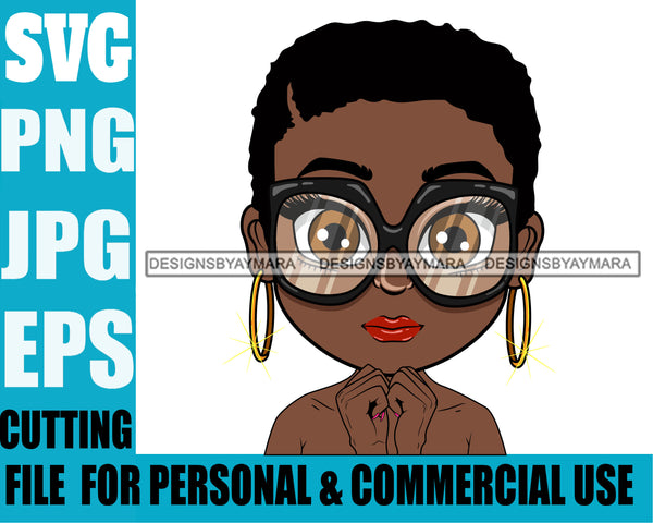 Afro Lili Black Girl Woman Glasses Earrings Big Eyes Melanin Short Hair Style Personal & Commercial Use SVG Cutting Files For Silhouette Cricut More