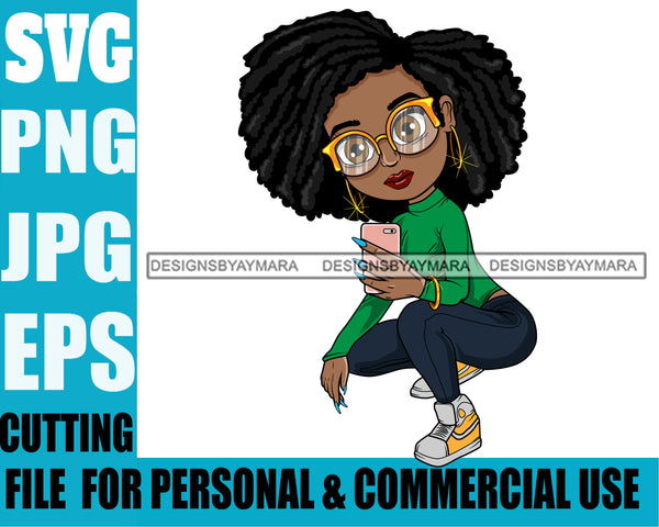 Afro Lili Black Girl Woman Selfie Glasses Earrings Big Eyes Squatting Afro Hair Style Personal & Commercial Use SVG Cutting Files For Silhouette Cricut More