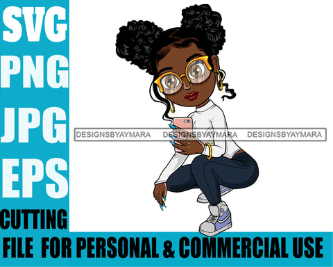 Afro Lili Black Girl Woman Selfie Glasses Earrings Big Eyes Squatting Pigtails Hair Style Personal & Commercial Use SVG Cutting Files For Silhouette Cricut More