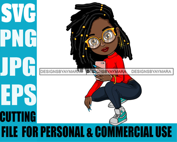 Afro Lili Black Girl Woman Selfie Glasses Earrings Big Eyes Squatting Dreadlocks Hair Style Personal & Commercial Use SVG Cutting Files For Silhouette Cricut More