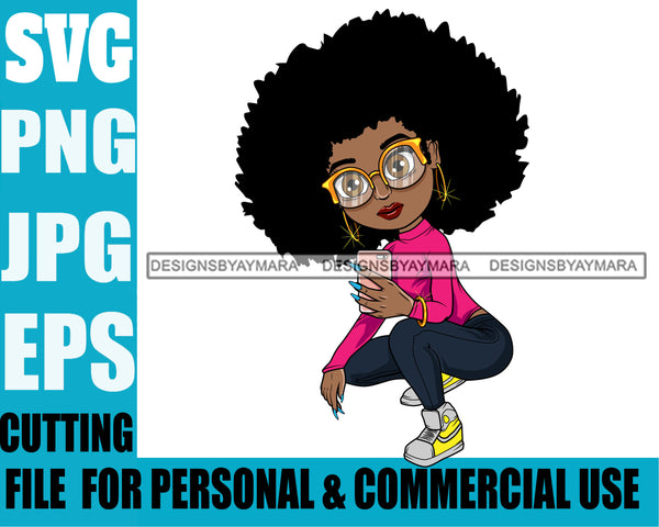 Afro Lili Black Girl Woman Selfie Glasses Earrings Big Eyes Squatting Afro Hair Style Personal & Commercial Use SVG Cutting Files For Silhouette Cricut More