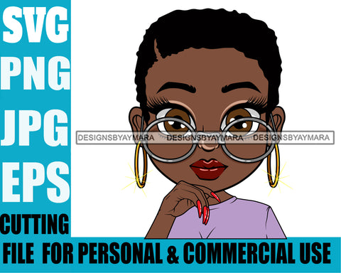 Afro Lili Black Girl Woman Glasses Big Eyes Hoop Earrings Glamour Queen Melanin Short Hair Style Personal & Commercial Use SVG Cutting Files For Silhouette Cricut More