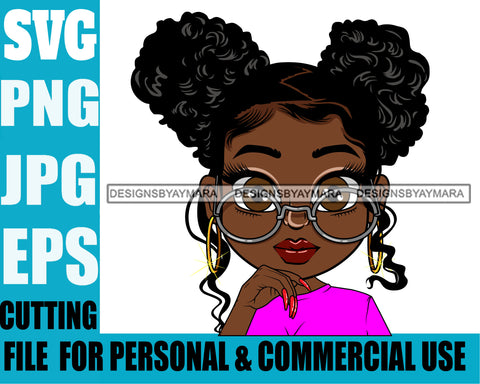 Afro Lili Black Girl Woman Glasses Hoop Earrings Glamour Queen Melanin Pigtails Hair Style Personal & Commercial Use SVG Cutting Files For Silhouette Cricut More